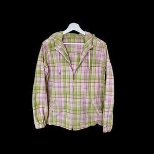 Women's 90's Vintage Plaid Hoodie Jacket Sz M/L Zip Up Lightweight Green Pink